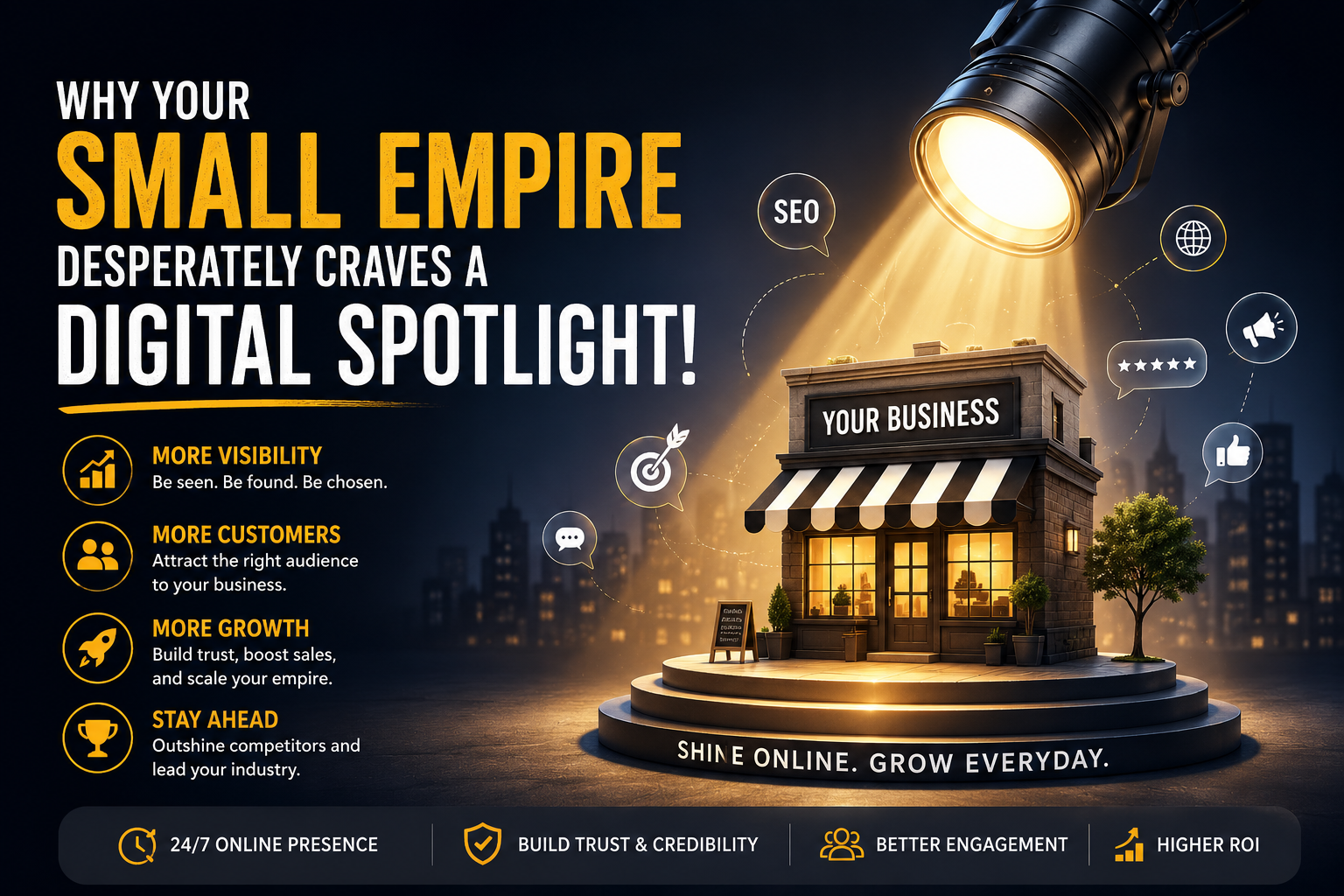 Small business owner growing their brand through digital marketing, online visibility, website presence, and customer engagement in a competitive digital marketplace.