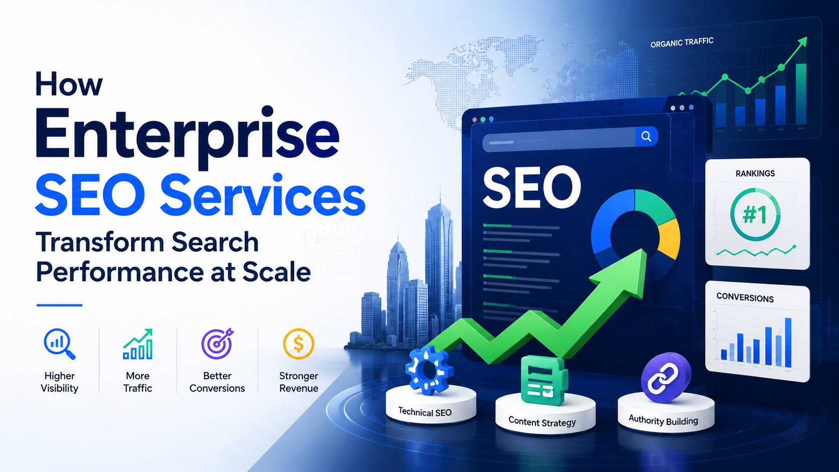 Enterprise SEO services illustration showing scalable search optimization, technical SEO, content strategy, authority building, and organic traffic growth for large businesses.