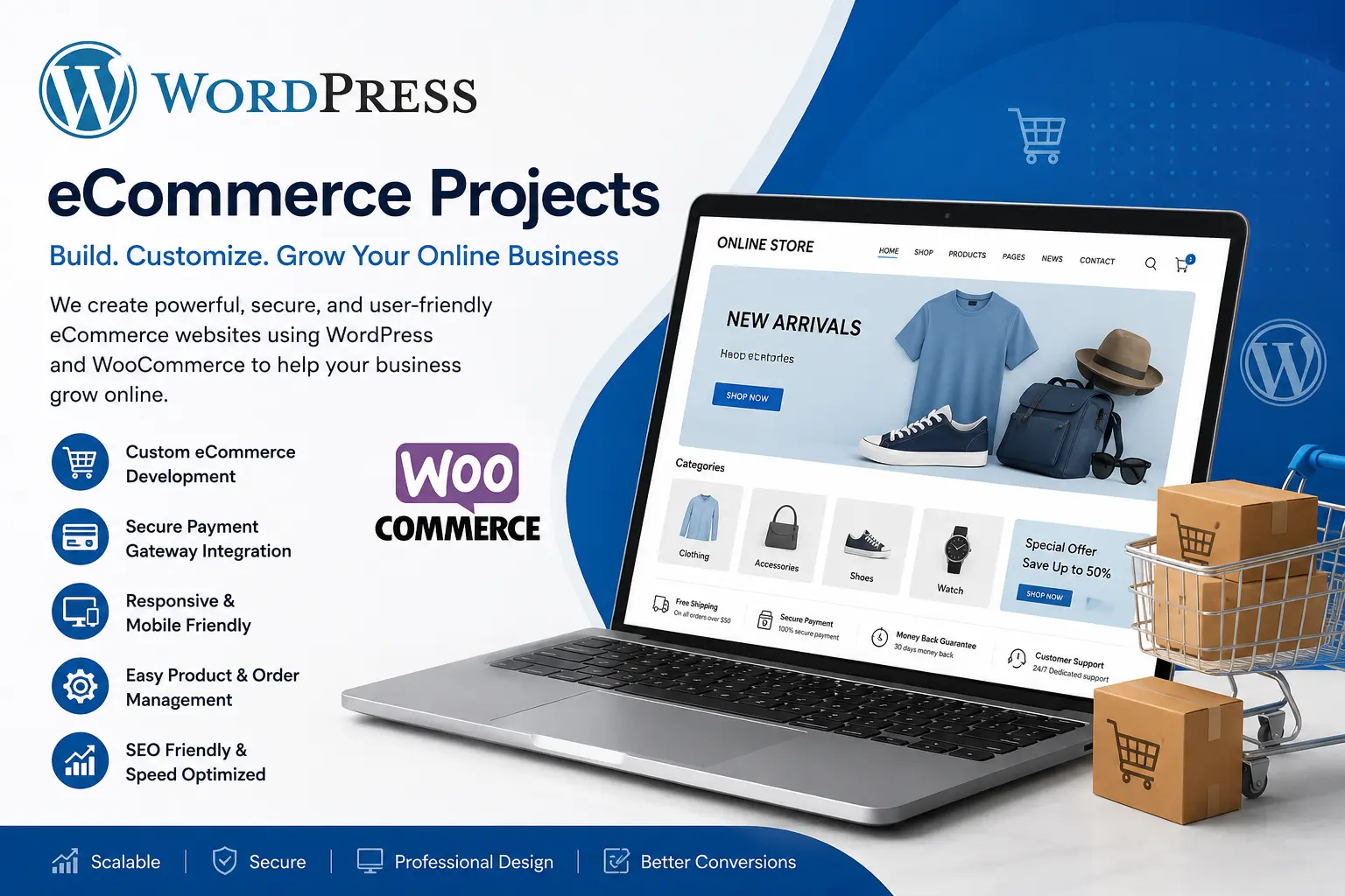 WordPress eCommerce website showcasing WooCommerce online store development, secure payment integration, product management, and scalable business solutions.