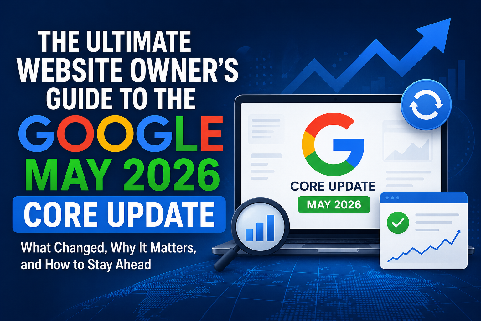 Google May 2026 Core Update guide for website owners showing SEO analytics and search ranking improvements