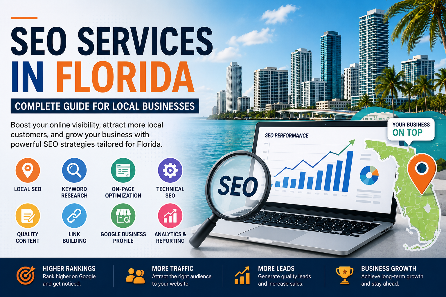 Top factors influencing search engine rankings in Miami including local SEO, website speed, quality content, backlinks, and mobile optimization
