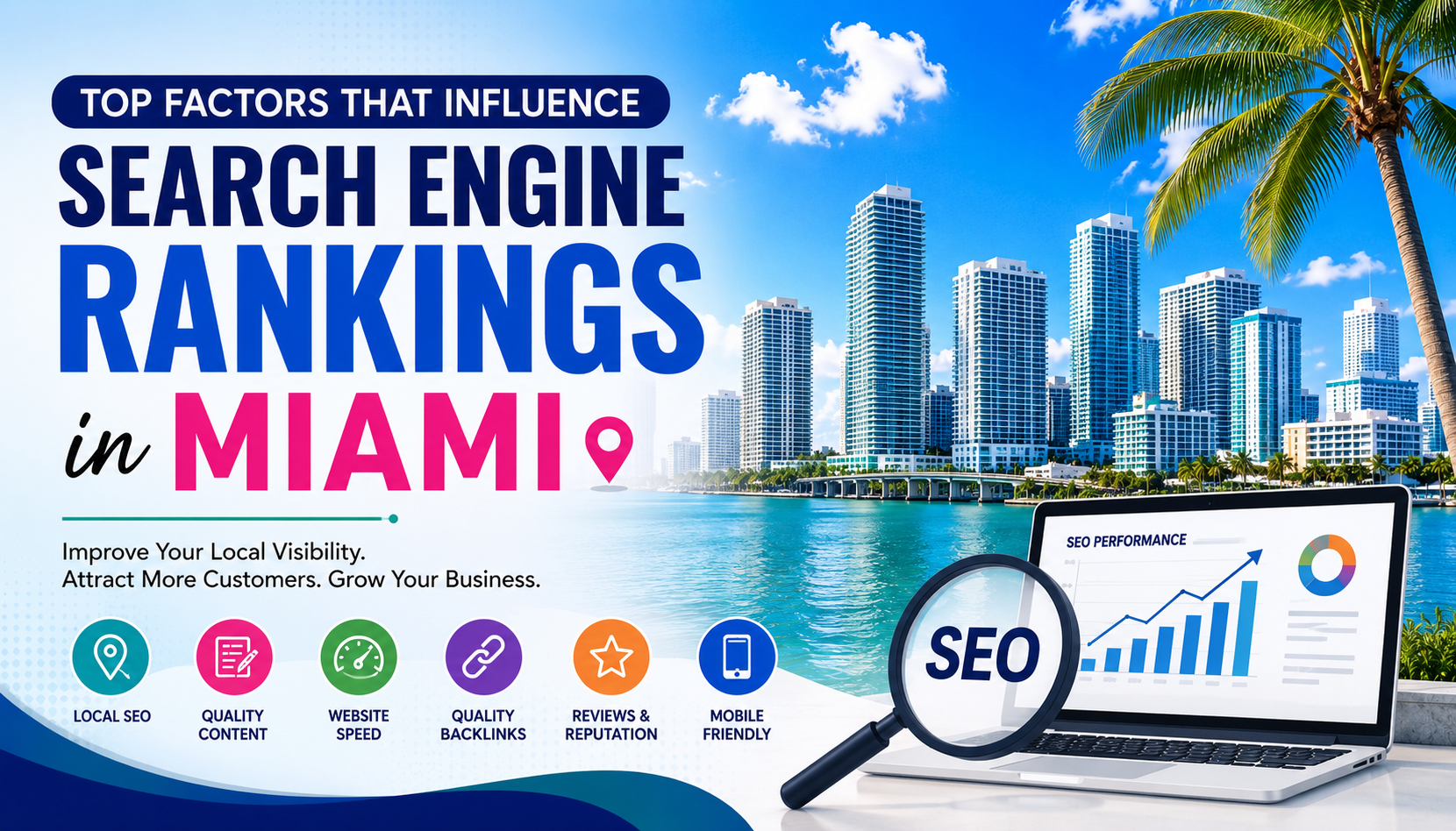 Top factors influencing search engine rankings in Miami including local SEO, website speed, quality content, backlinks, and mobile optimization